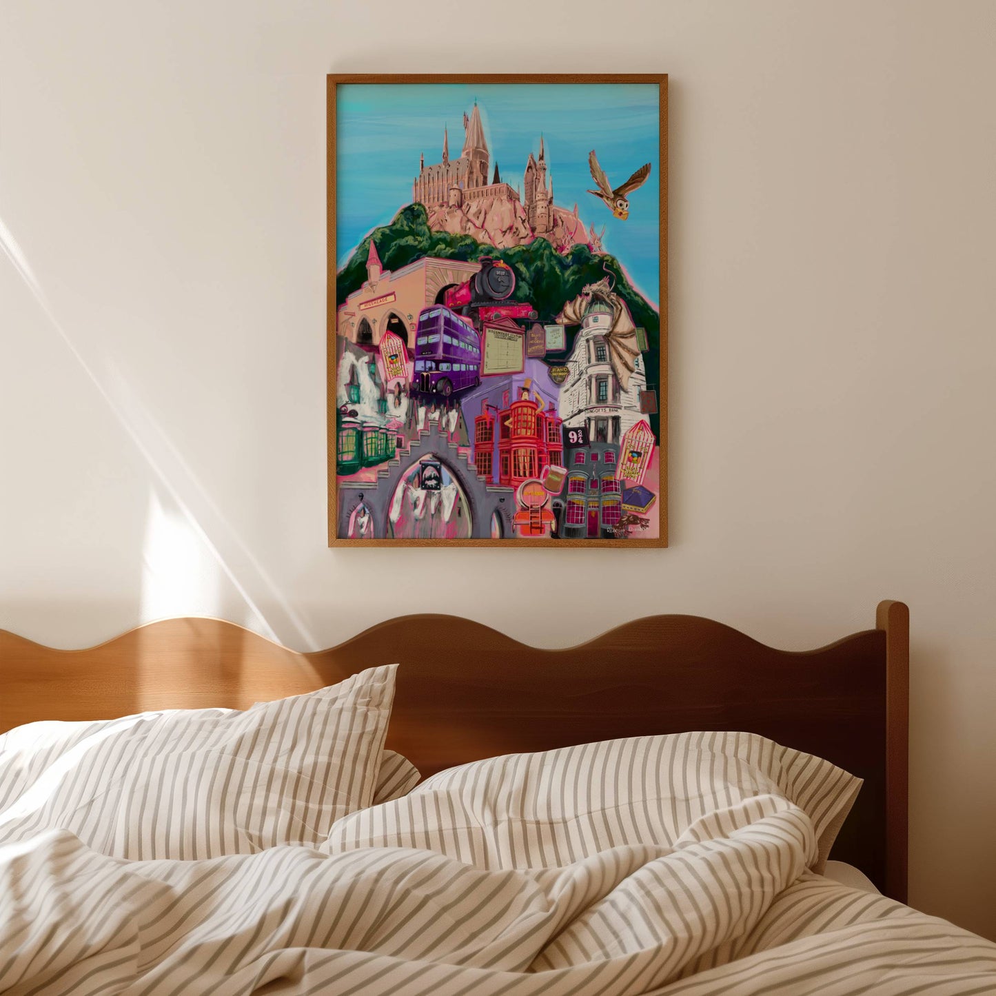 Illustration inspired by the Wizarding World of Harry Potter in Orlando Florida, with Hogwarts, hogsmeade, Hogwarts express, an owl, ollivanders, Gringotts, the knight bus & much more on a day background. This print is for all the potterheads designed by Rebecca Elizabeth draws.