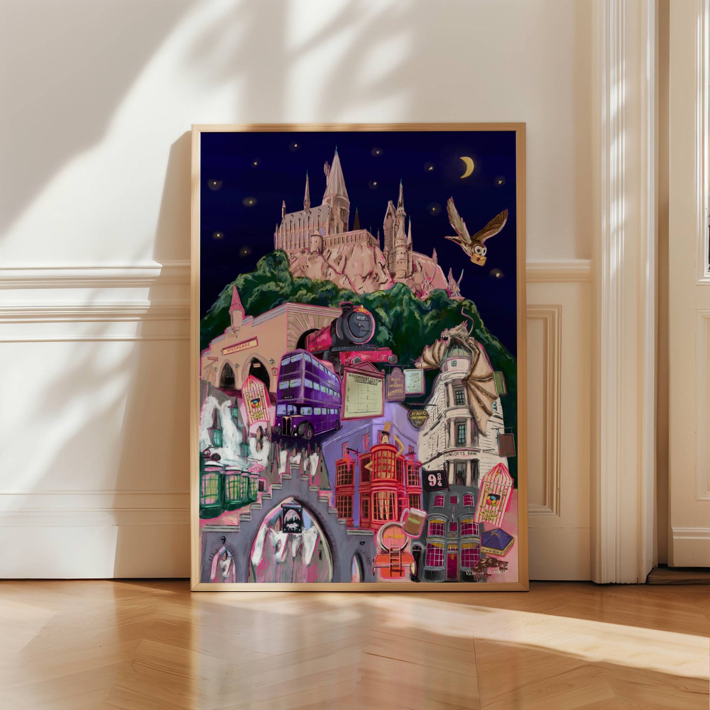 Illustration inspired by the Wizarding World of Harry Potter in Orlando Florida, with Hogwarts, hogsmeade, Hogwarts express, an owl, ollivanders, Gringotts, the knight bus & much more on a night background. This print is for all the potterheads designed by Rebecca Elizabeth draws.