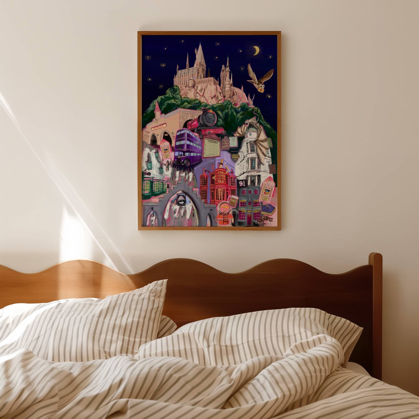 Illustration inspired by the Wizarding World of Harry Potter in Orlando Florida, with Hogwarts, hogsmeade, Hogwarts express, an owl, ollivanders, Gringotts, the knight bus & much more on a night background. This print is for all the potterheads designed by Rebecca Elizabeth draws.