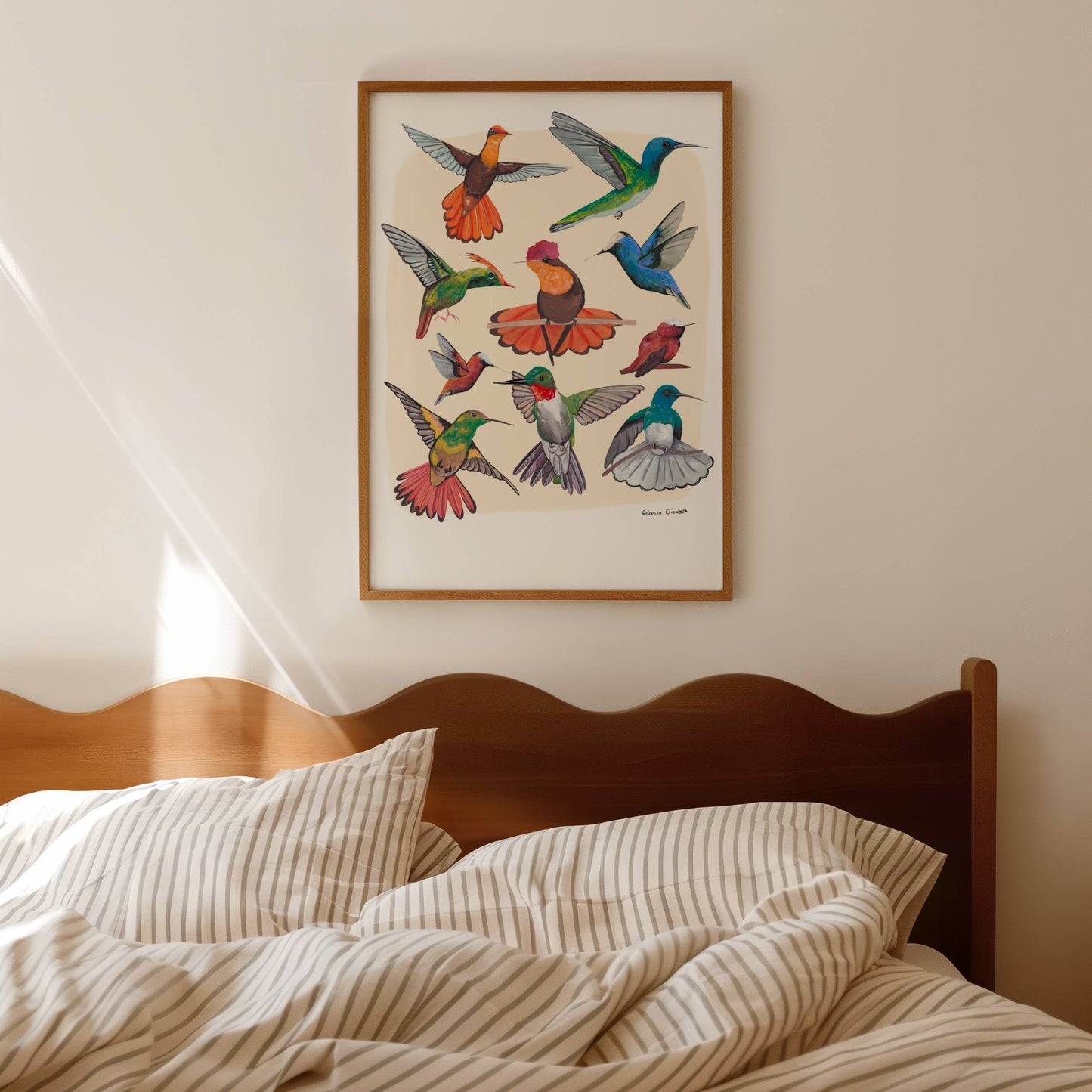 Hummingbirds hand painted in gouache and edited together digitally on a cream background with a small signature featured in the right hand corner. These small birds are green, blue, red, orange and yellow. Designed by Rebecca Gibbs at Rebecca Elizabeth Draws.Hummingbirds hand painted in gouache and edited together digitally on a cream background with a small signature featured in the right hand corner. These small birds are green, blue, red, orange and yellow. Designed by Rebecca Gibbs at Rebecca Elizabeth