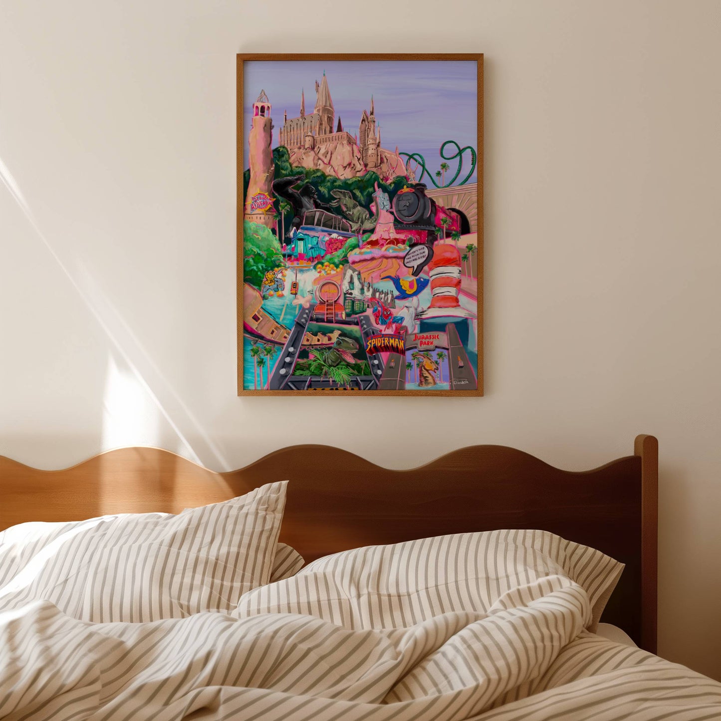 illustration of islands of adventure universal orlando florida. Hogwarts castle, hogsmeade, the cat in the hat dr seuss land, jurassic park, roller coasters, toon lagoon, king kong & marvel land. Designed in Rebecca Elizabeth draws colourful style.