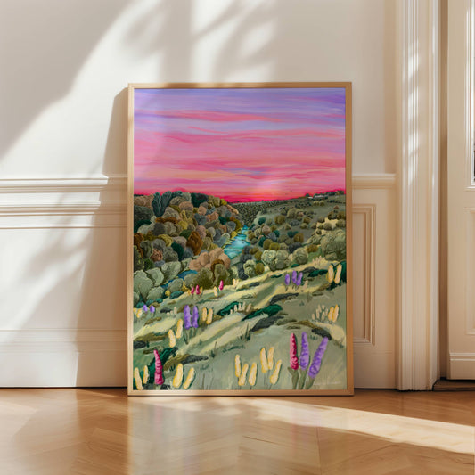 Lathkill Dale (Over Haddon) found just outside of Bakewell, Derbyshire in the Peak District illustration with a pink sky, autumn trees, a look over the valley at crystal clear blue waters.