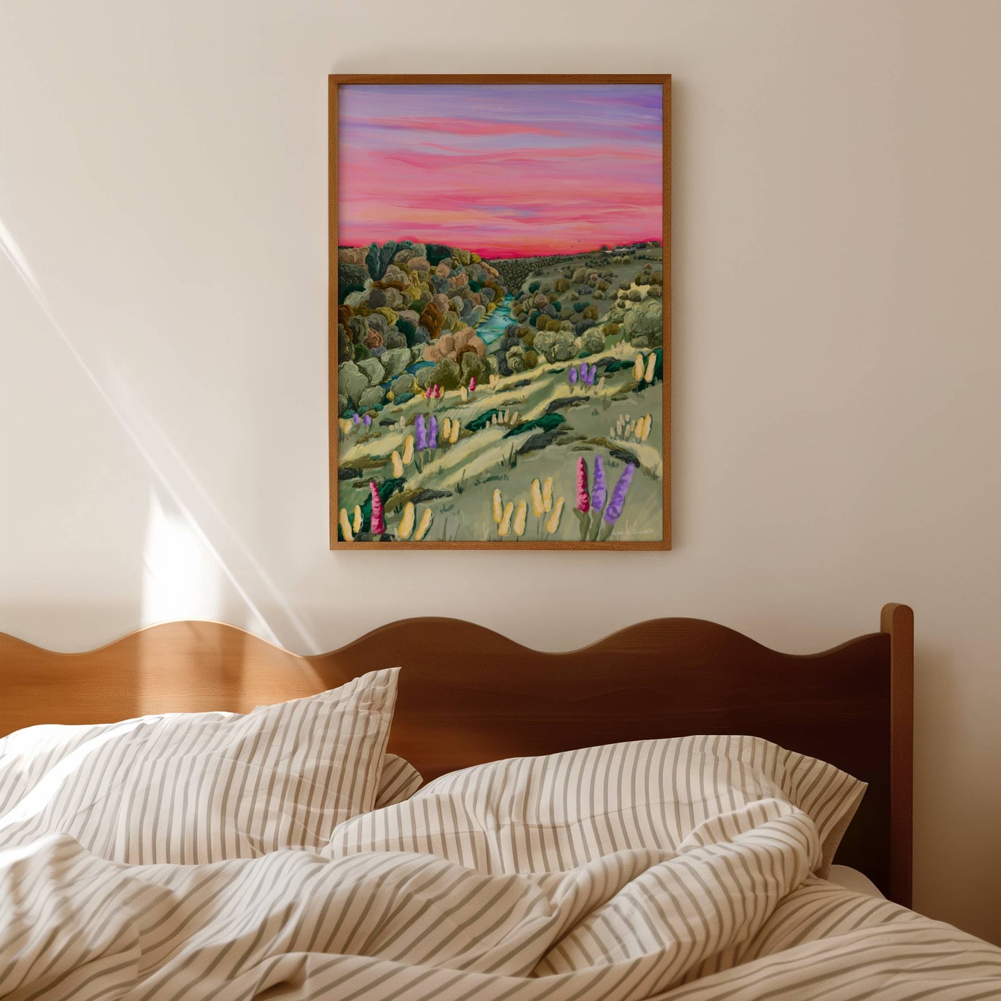 Lathkill Dale (Over Haddon) found just outside of Bakewell, Derbyshire in the Peak District illustration with a pink sky, autumn trees, a look over the valley at crystal clear blue waters.