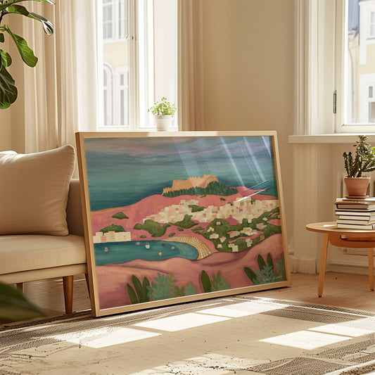 An illustration of Lindos town on the Greek island of Rhodes. With the typical whitewashed buildings set amongst the pink painted hill and greener dotted around, the blue sky and sea contrasts beautifully in this illustration. There is small signature in white the corner. Designed by Rebecca Gibbs at Rebecca Elizabeth Draws.