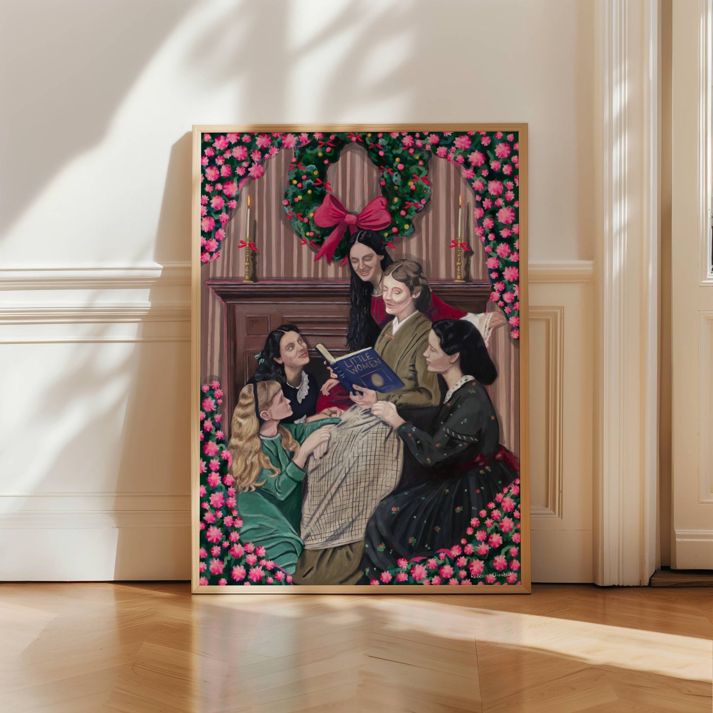 Illustration inspired by 1994 film of little women by Louisa May Alcott with the four daughters and mother reading a book in front of the fireplace, a Christmas wreath hangs above, & the art is surrounded by floral art framing the piece.