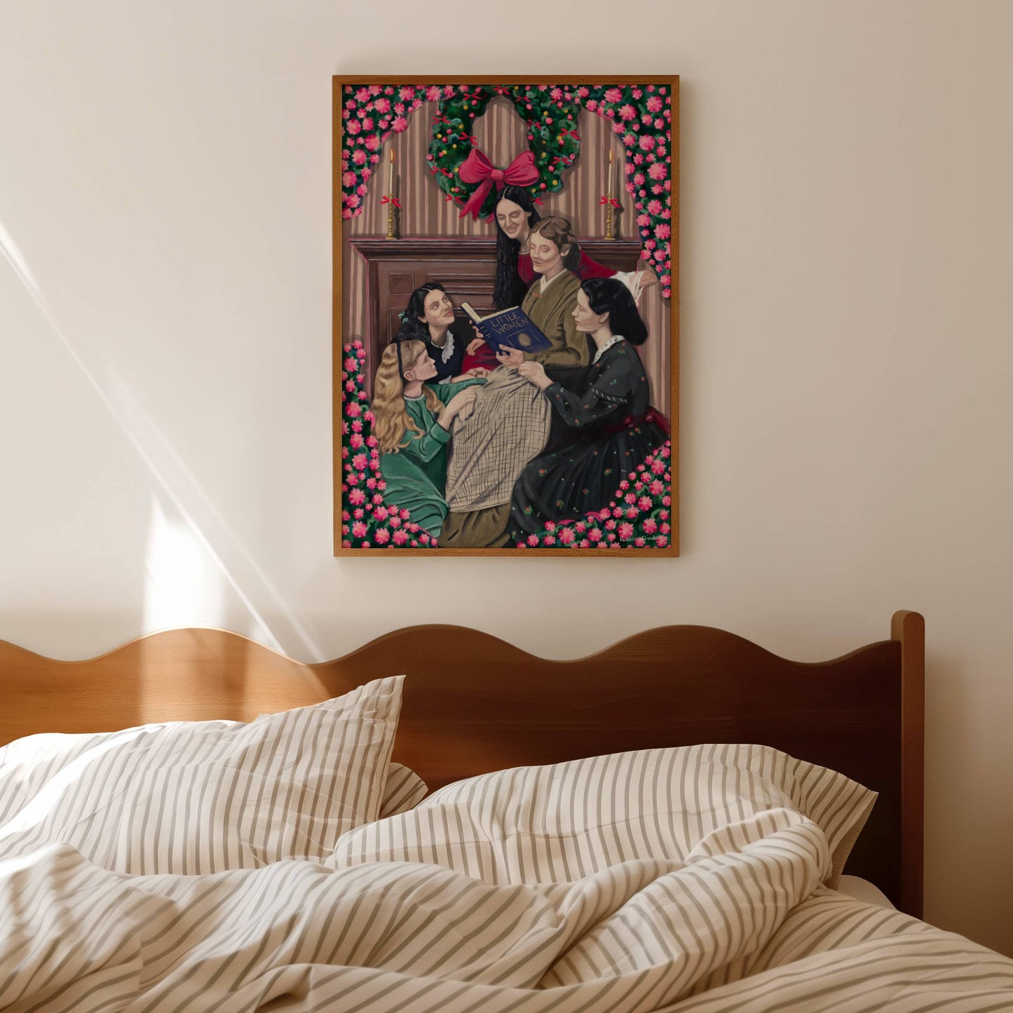 Illustration inspired by 1994 film of little women by Louisa May Alcott with the four daughters and mother reading a book in front of the fireplace, a Christmas wreath hangs above, & the art is surrounded by floral art framing the piece.