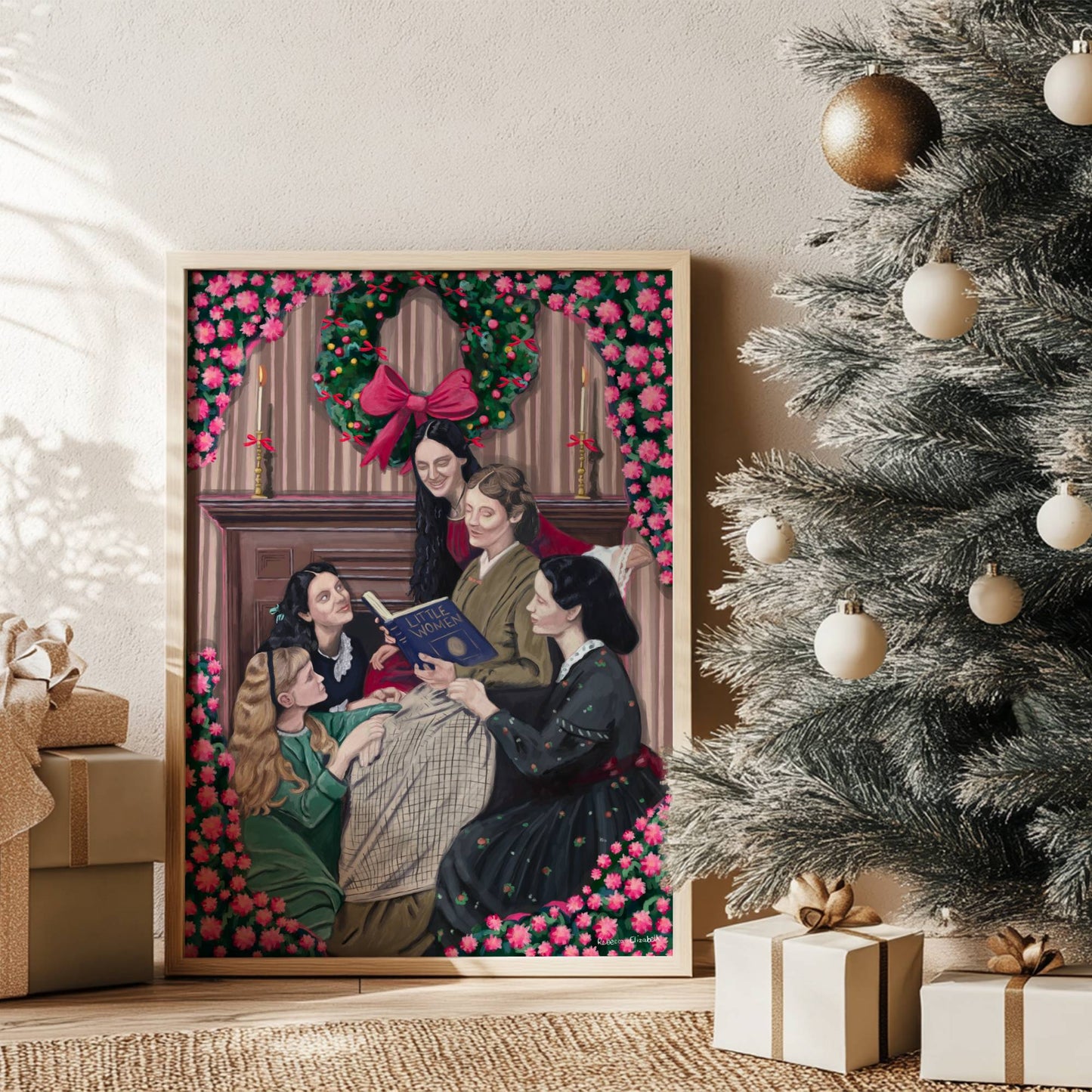 Illustration inspired by 1994 film of little women by Louisa May Alcott with the four daughters and mother reading a book in front of the fireplace, a Christmas wreath hangs above, & the art is surrounded by floral art framing the piece.