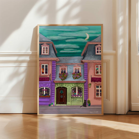 Magic Street inspired by the wizarding world. The perfect place for all witches and wizards to grab what they need. With green and purple shop fronts, florals, potions, broomsticks, wands, books and more. an emerald green sky with a crescent moon and a black cat in the foreground.