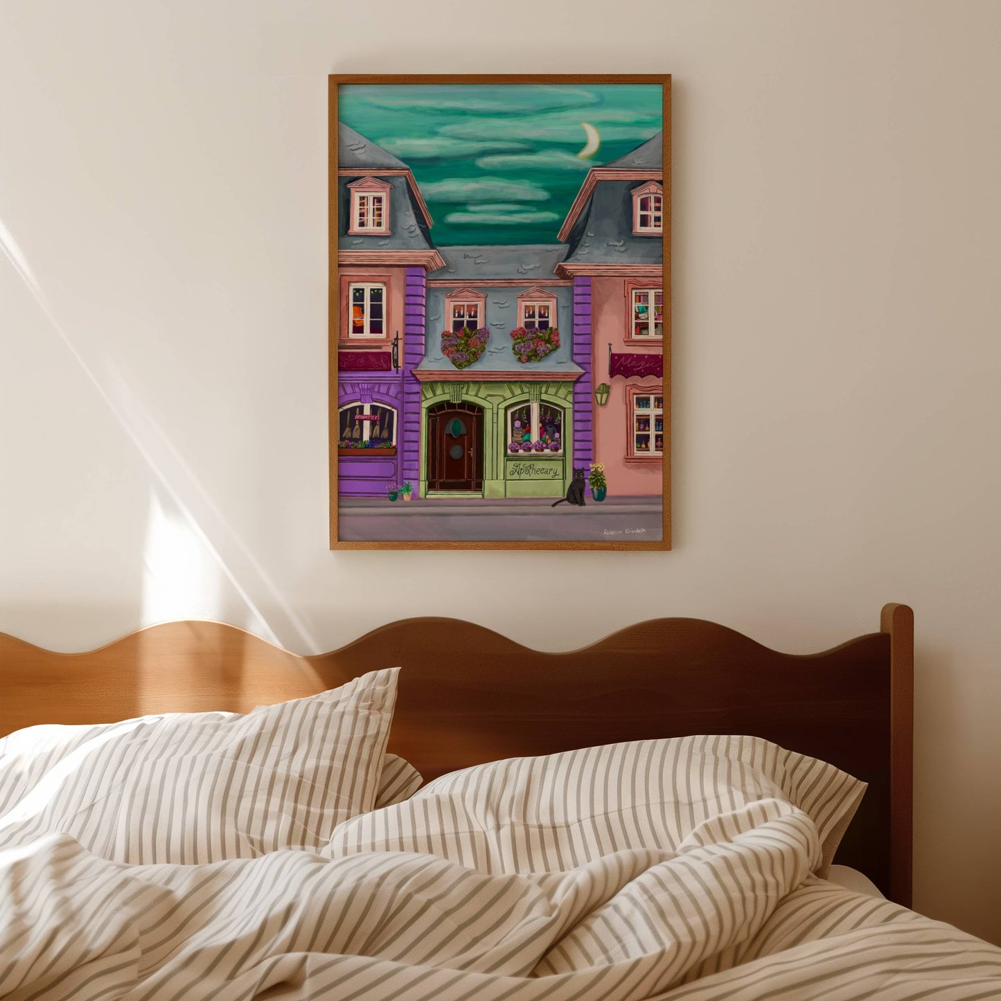 magic street by Rebecca Elizabeth draws. A green sky with a moon at night, florals and old fashioned building with books, broomsticks and potions.