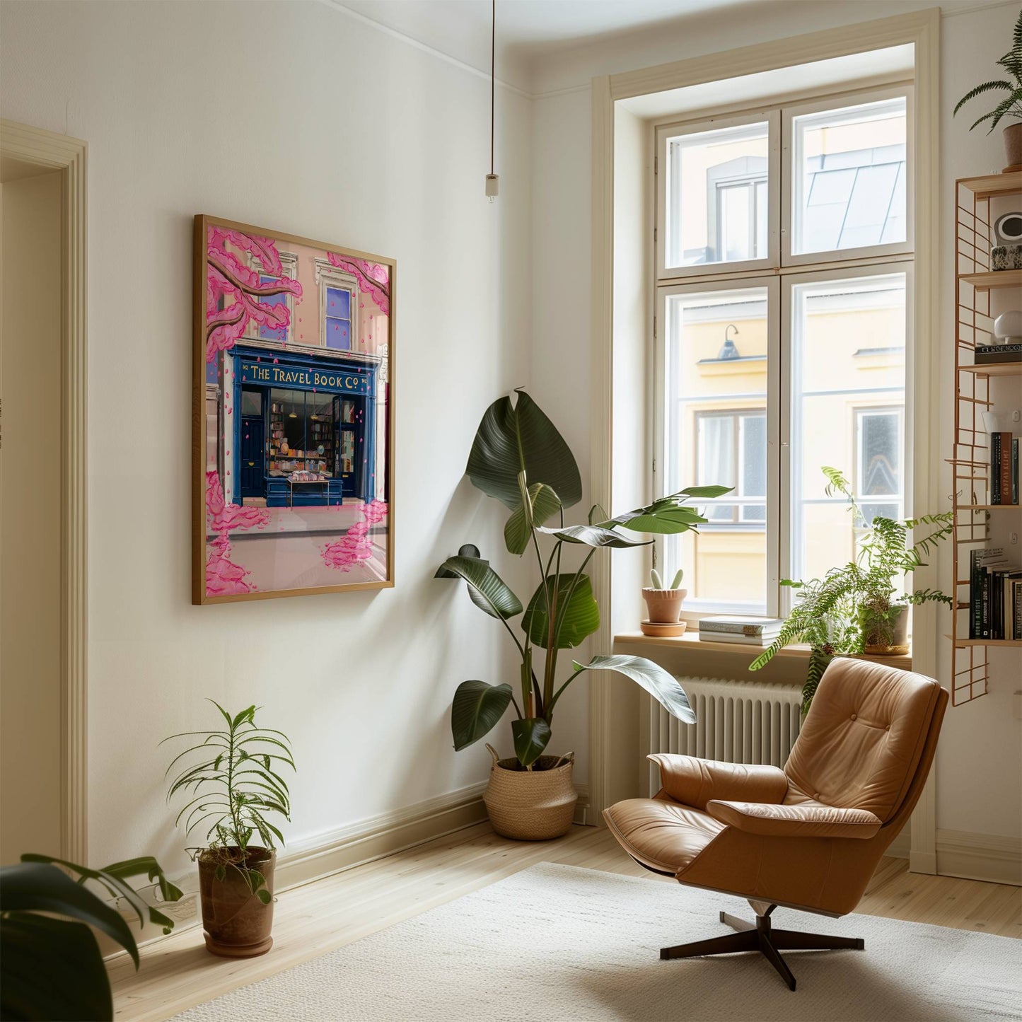 The travel book co from the film Notting hill with a blue bookshop front, old books inside and set in a London building. Outside is a spring blossom tree adding a romantic whimsical aesthetic.