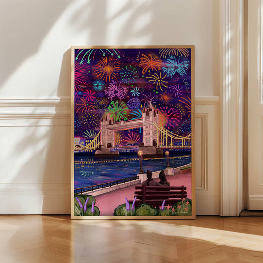 Illustration of bright fireworks in the sky above London city skyline and behind the London tower bridge. The colours are reflected in the river Thames below and in the foreground a couple sit on a bench watching the view.