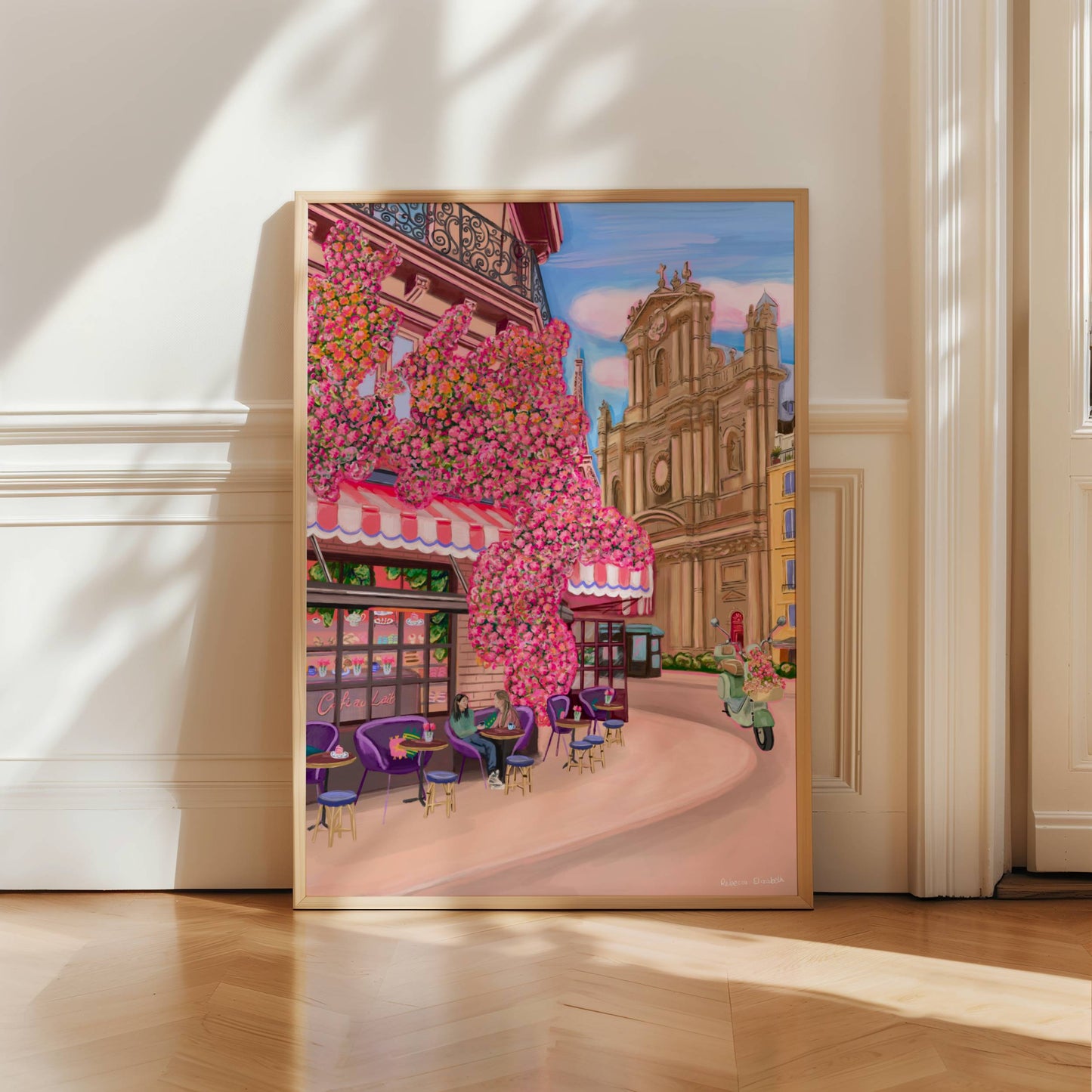 colourful illustration of a sister / friend coffee date in Paris France, with a building covered in pink flowers, a mint green scooter to the side with flowers and beautiful Parisian buildings behind