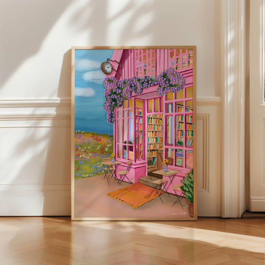 whimsical soft pink bookshop in the countryside, a field of wildflowers to the left with daisies and yellow flowers. a blue sky full of clouds, lilac purple flowers grow over the building of the book store and soft coloured books inside.