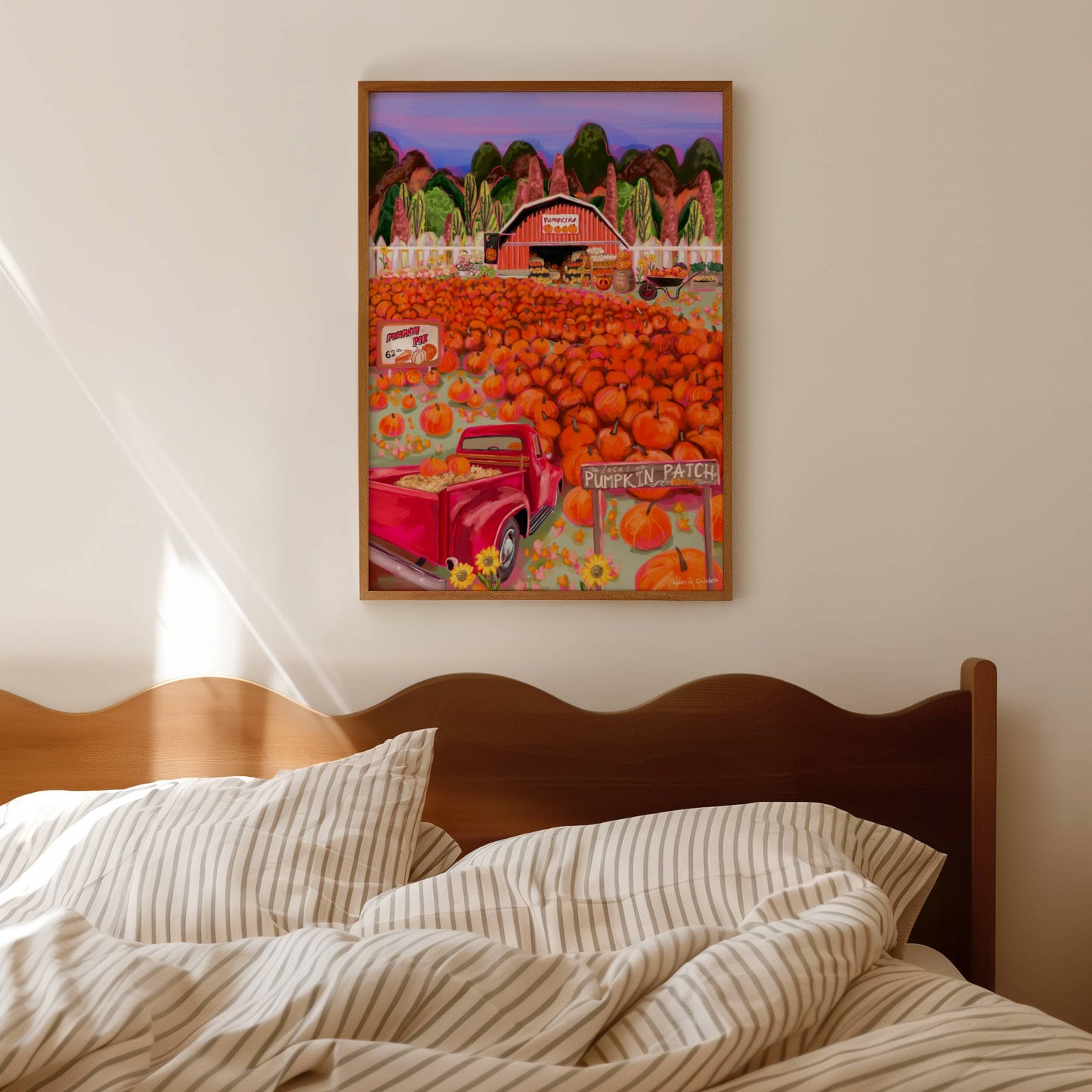 illustration of a pumpkin patch with lots of orange pumpkins, a red pickup ruck and a barn full of pumpkins. Autumnal trees in the background