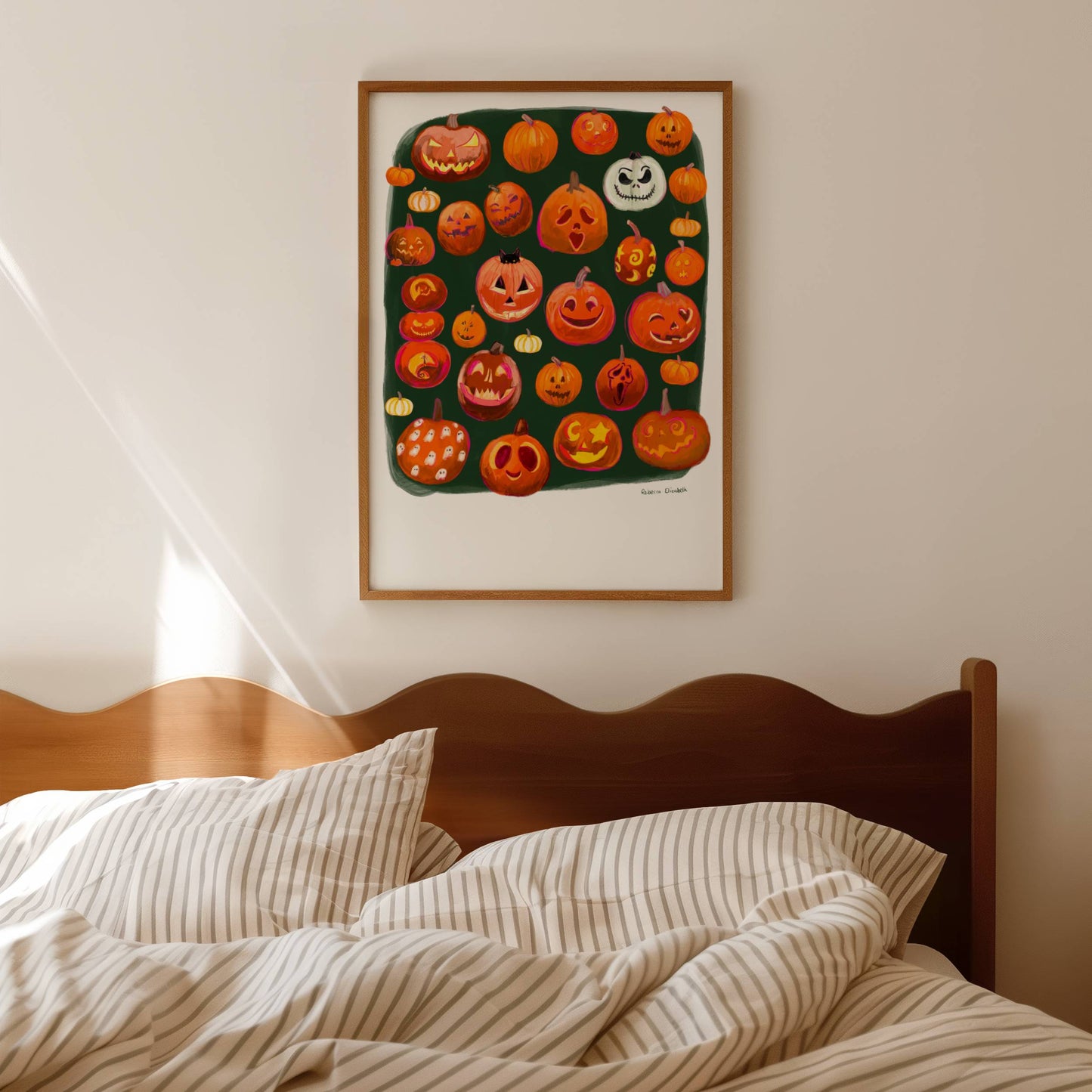 A selection of pumpkin illustrations with carved faces, painted faces in different sizes and shapes. All drawn in traditional oranges, with a couple of white gourds on a dark green background.