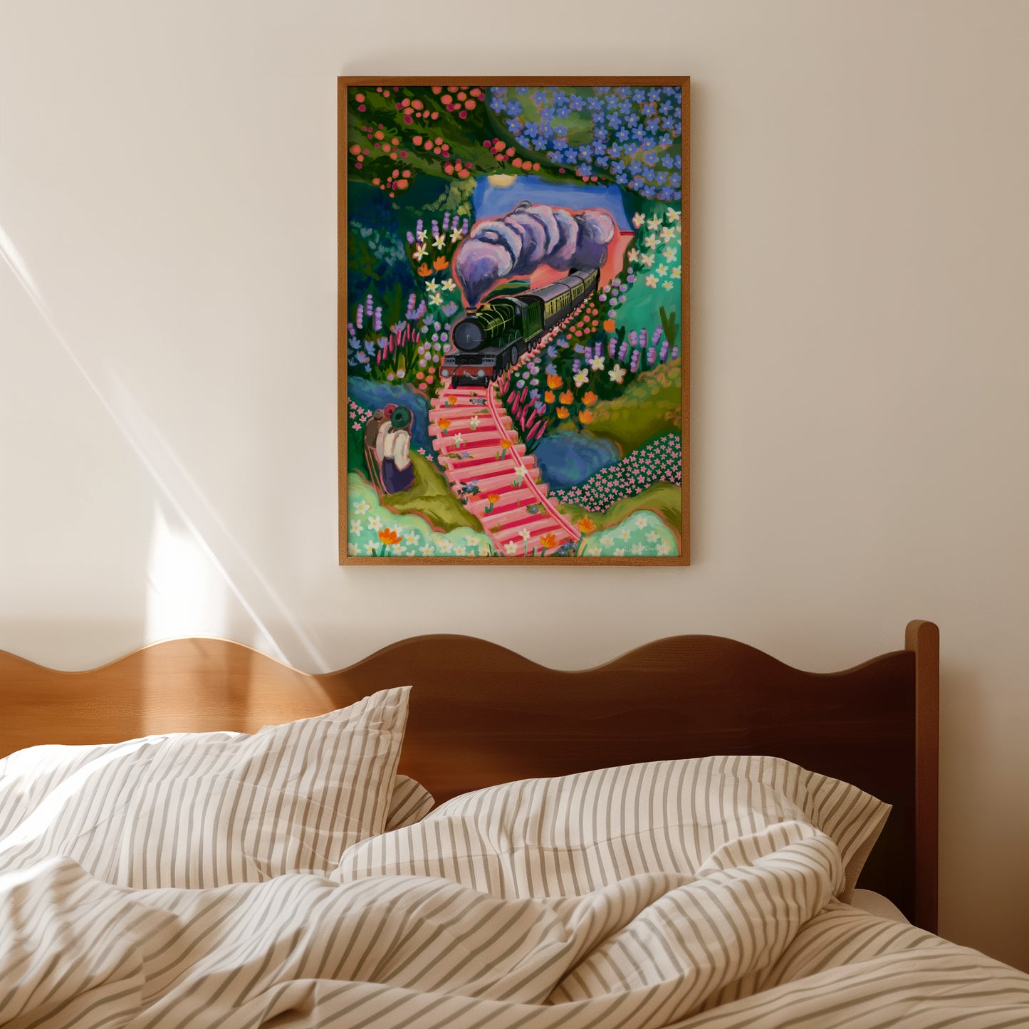 Illustration Inspired by the book The Railway Children. The children watch the old fashioned steam train through the countryside surrounded by flowers, plants & trees, with lots of pink and green and blue. Pink railway tracks & a green steam train