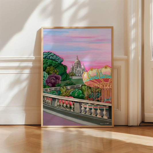 illustration of the Sacre Coeur in Paris France on top of the hill in Montmartre. Set against a pink setting sun sky in Springtime with trees and a merry go round in the foreground.
