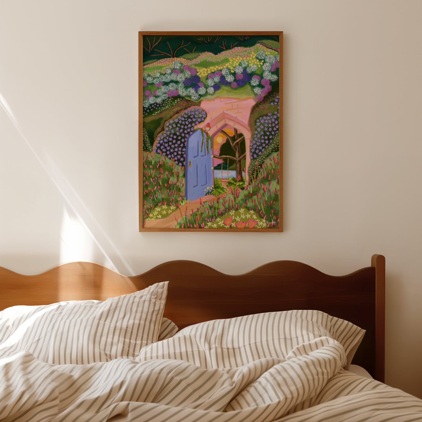 An illustration Inspired by the classic book 'The Secret Garden' by Frances Hodgson Burnett. A door surrounded by overgrown bushes and plants, a small robin perched on the top of the door and a small peak at what is inside. The secret garden with a rope swing hanging from a tree, a lake, and a setting sun. this illustration is full of lots of shades of green and pink and purple. There is a small signature in white the corner. Designed by Rebecca Gibbs at Rebecca Elizabeth Draws.