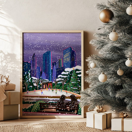 Christmas Illustration inspired by the film Serendipity. The main stars are silhouetted at the front of this illustration with the new York skyline behind them, at the base of the high rise buildings are Christmas trees, the serendipity shop and an ice skate rink with people on. Designed by Rebecca Gibbs at Rebecca Elizabeth Draws.