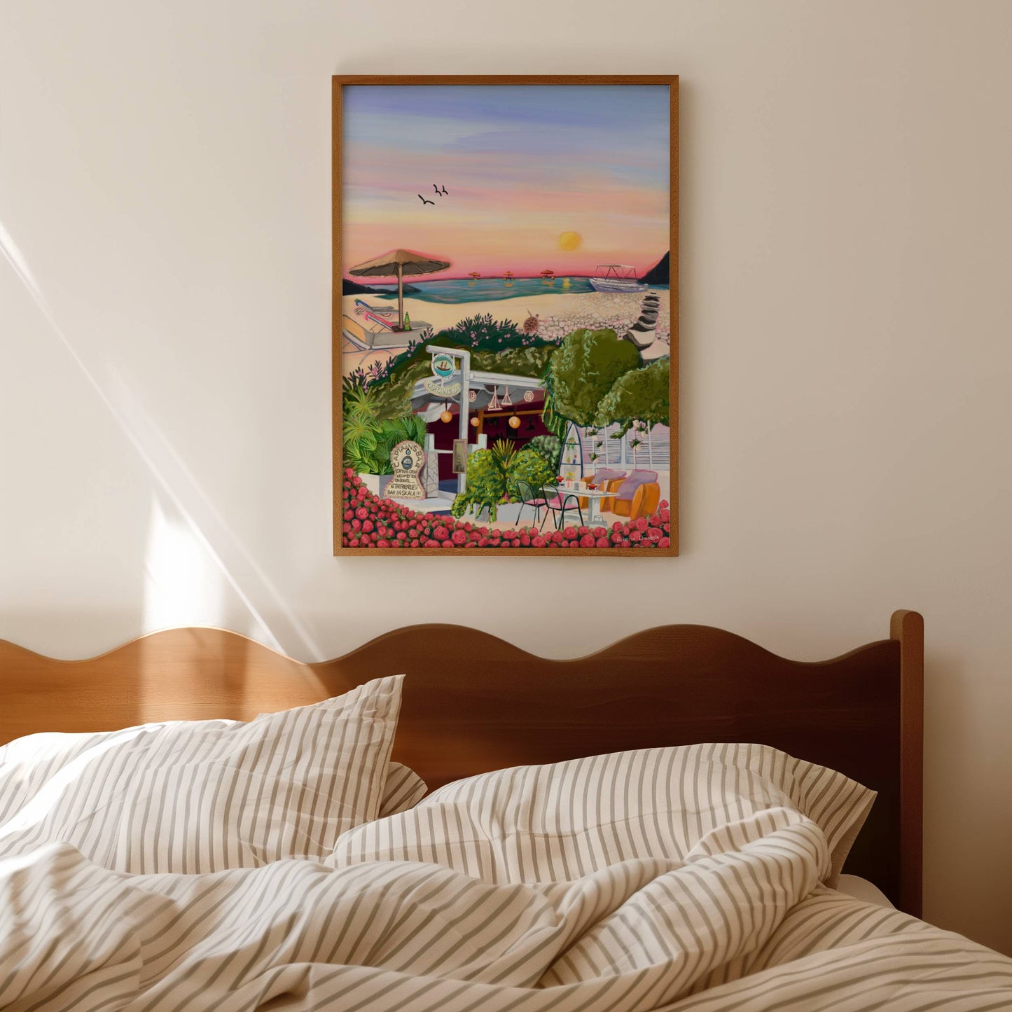 Sunset sky over Skala beaches in Kefalonia. Traditional Greek Island inspired illustration with lots of colour and the iconic captains bar featured at the front. For all the Greece lovers out there, designed by Rebecca Elizabeth Draws.