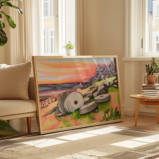 Colourful illustration of the millstones at Stanage edge in the peak district. With lots of pinks, greens and greys and a sunset sky. Designed by Rebecca Elizabeth Draws.