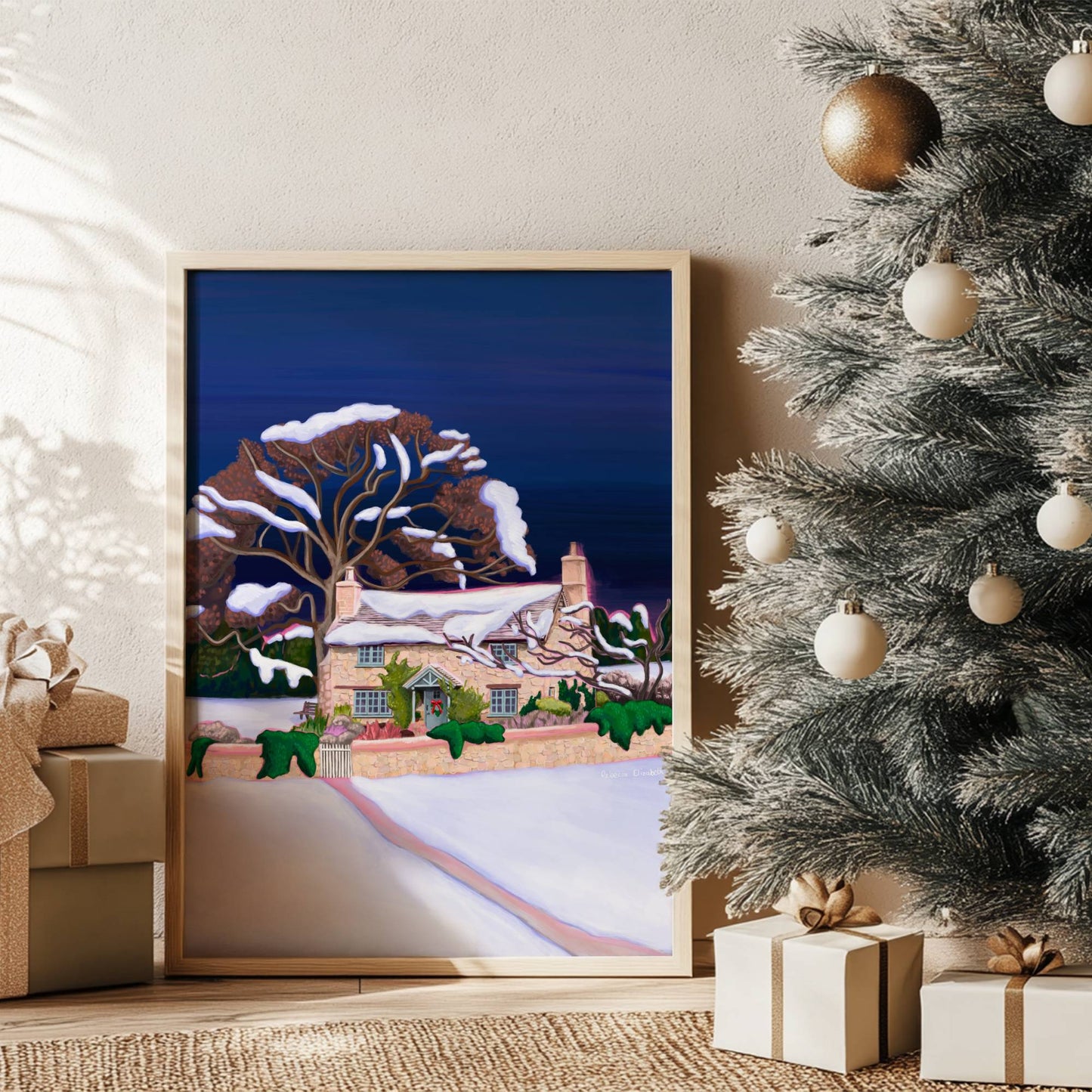 Christmas Illustration of the classic Rosehill cottage from the movie The holiday staring Kate Winslet and Cameron Diaz. Set amongst the English countryside with landscapes of wintery fields, a classic cosy Christmas cottage. Designed by Rebecca Gibbs at Rebecca Elizabeth Draws.