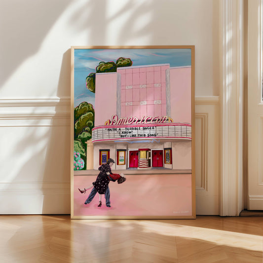 Illustration of the vintage cinema in the film the notebook by Nicholas sparks, with a retro style cinema and then Noah and Allie dancing. In the cinema a quote from the film.