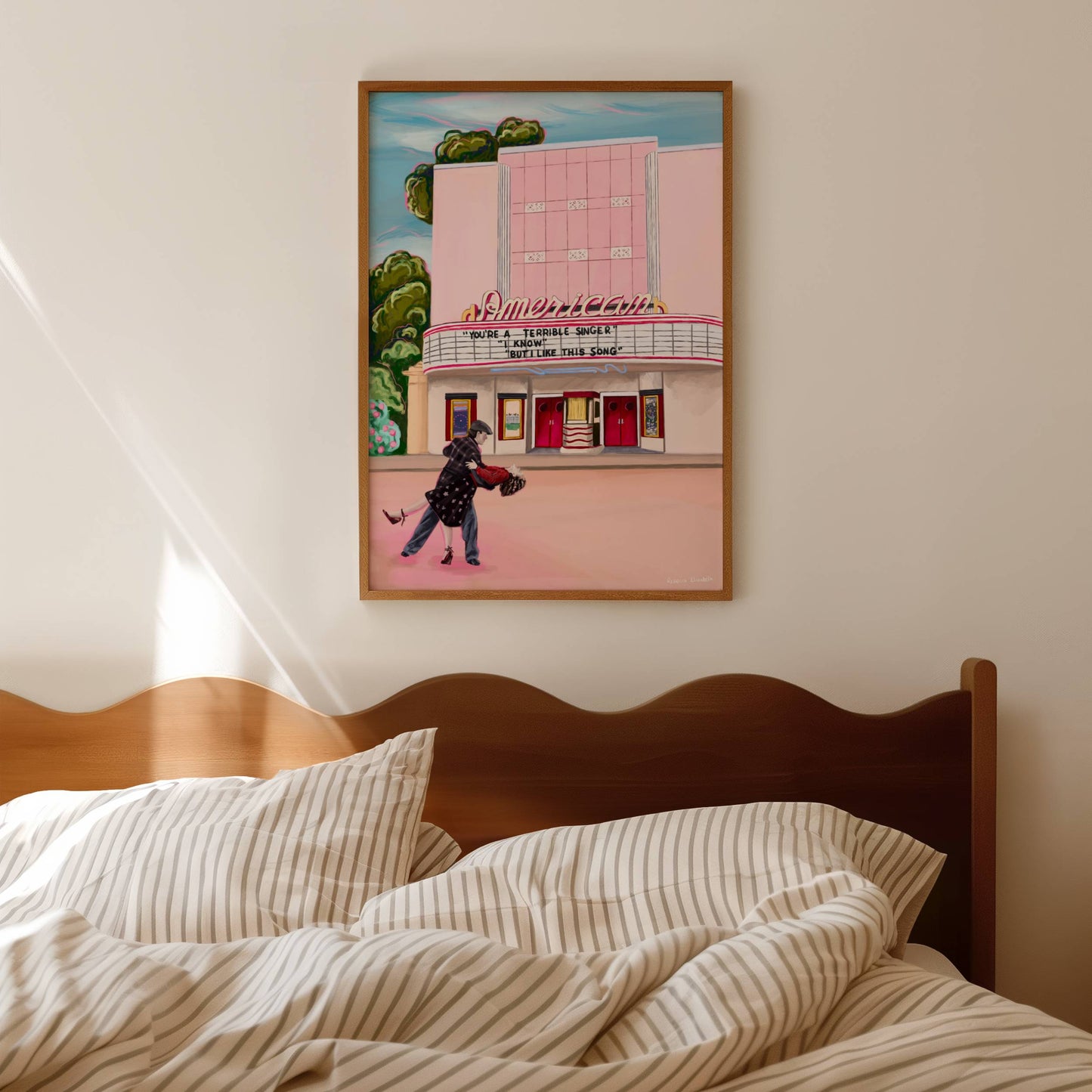 Illustration of the vintage cinema in the film the notebook by Nicholas sparks, with a retro style cinema and then Noah and Allie dancing. In the cinema a quote from the film.