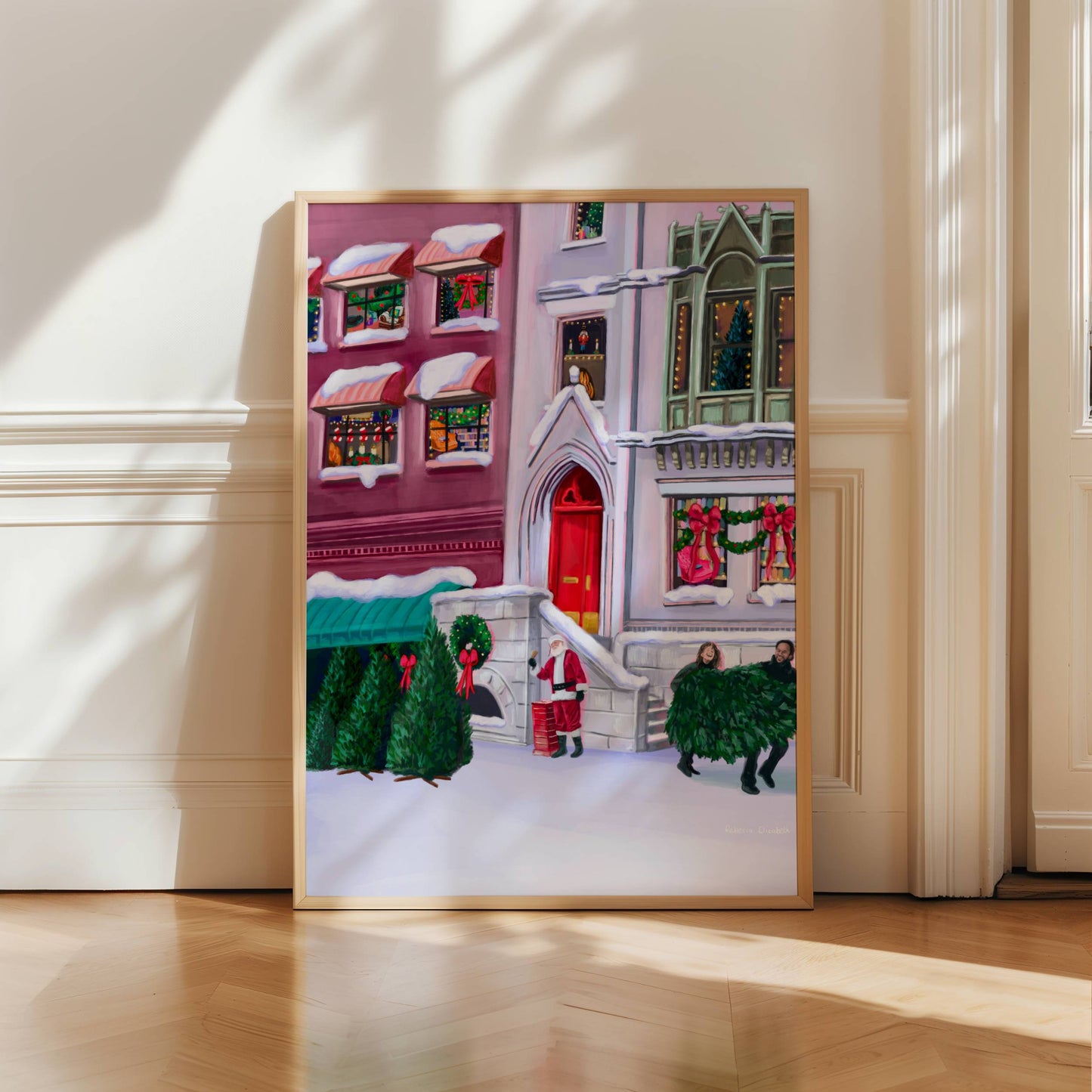 Christmas Illustration inspired by the film When Harry Met Sally. With Harry & Sally running off with their Christmas tree at the right hand side, the tree shop to the left and a background of new York buildings with Christmas décor peaking out the windows. Designed by Rebecca Gibbs at Rebecca Elizabeth Draws.