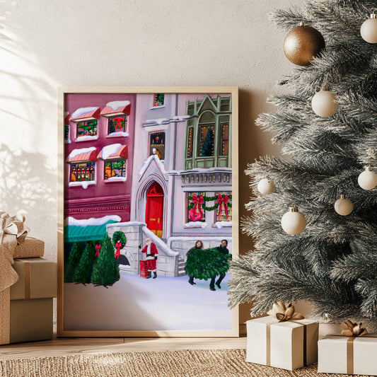 Christmas Illustration inspired by the film When Harry Met Sally. With Harry & Sally running off with their Christmas tree at the right hand side, the tree shop to the left and a background of new York buildings with Christmas décor peaking out the windows. Designed by Rebecca Gibbs at Rebecca Elizabeth Draws.