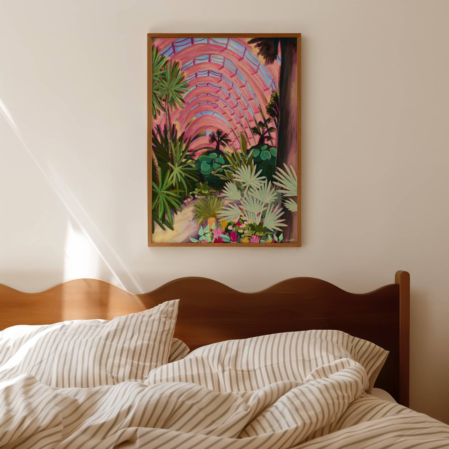 An illustration of the Winter Gardens in Sheffield, an indoor perspective of the glass house full of botanical and tropical plants. Lots of greenery set against the rounded architecture of the ceiling in pink. There is a small signature in white the corner. Designed by Rebecca Gibbs at Rebecca Elizabeth Draws.