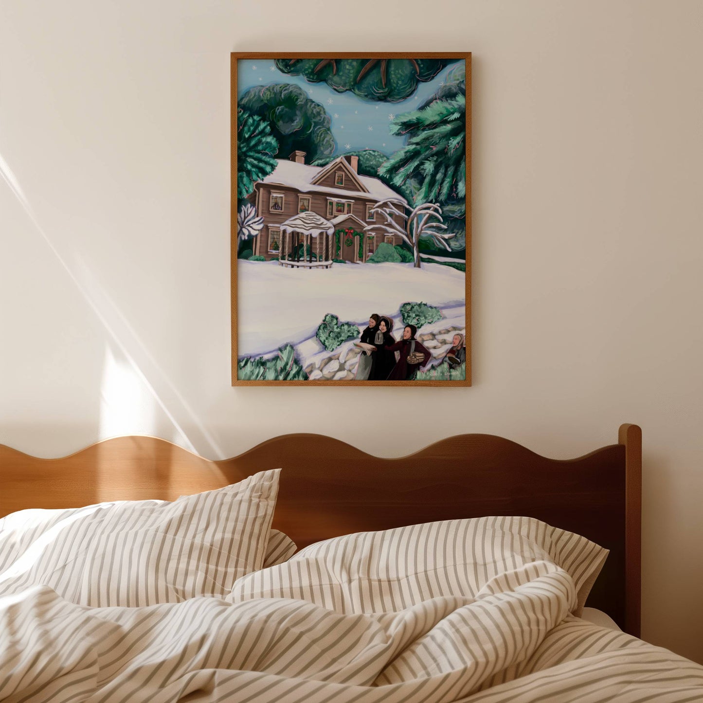 Winter little women inspired illustration with blue tinted trees & snow, snow falling on an icy sky & the traditional march house. In the foreground is the snow-covered ground and Beth, Meg, Jo & Amy singing. A cosy Christmas story art print.