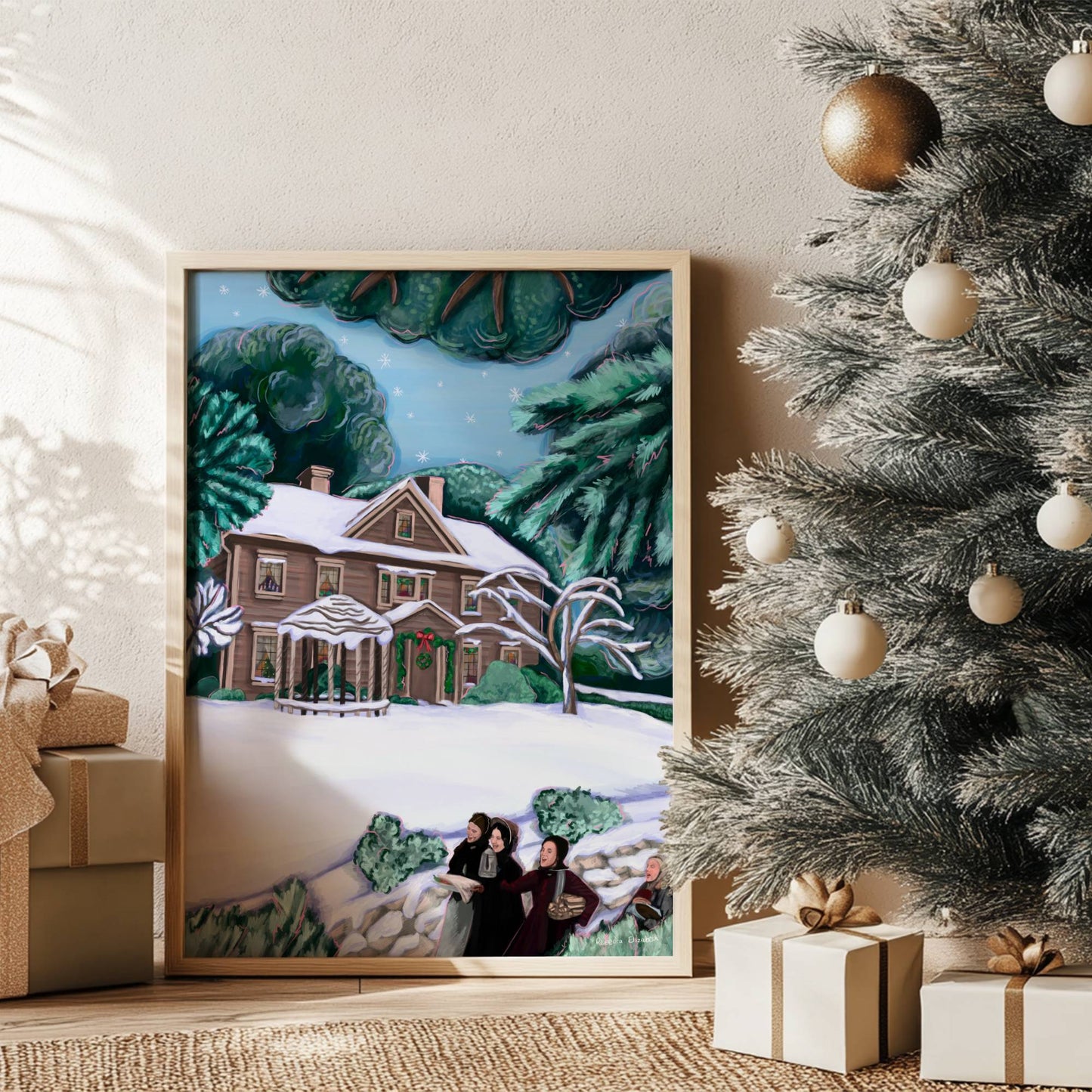 Winter little women inspired illustration with blue tinted trees & snow, snow falling on an icy sky & the traditional march house. In the foreground is the snow-covered ground and Beth, Meg, Jo & Amy singing. A cosy Christmas story art print.
