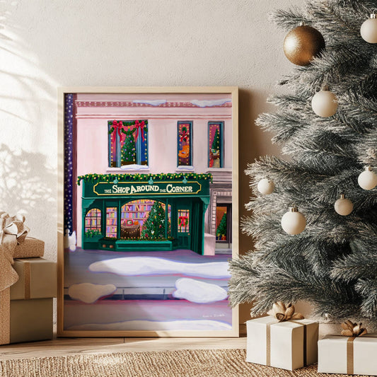 Christmas Illustration inspired by the film You’ve Got Mail. The Shop Around the Corner is a cosy & whimsical bookshop owned by Kathleen Kelly, inside is lots of fairy lights, Christmas trees, books and baubles. Outside you can see snow and inside the cosy windows with festive decor. Designed by Rebecca Gibbs at Rebecca Elizabeth Draws.