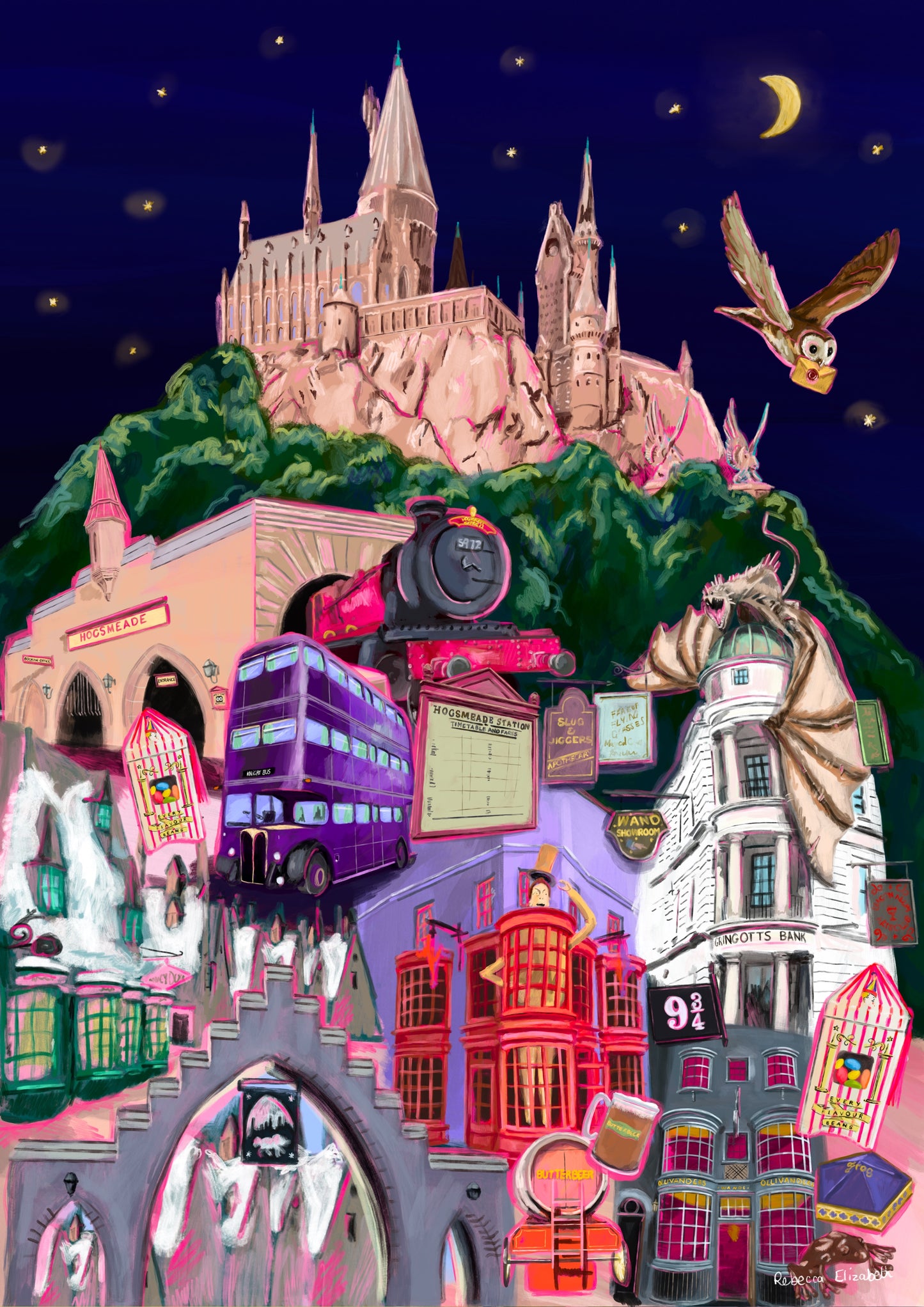 Illustration inspired by the Wizarding World of Harry Potter in Orlando Florida, with Hogwarts, hogsmeade, Hogwarts express, an owl, ollivanders, Gringotts, the knight bus & much more on a night background. This print is for all the potterheads designed by Rebecca Elizabeth draws.