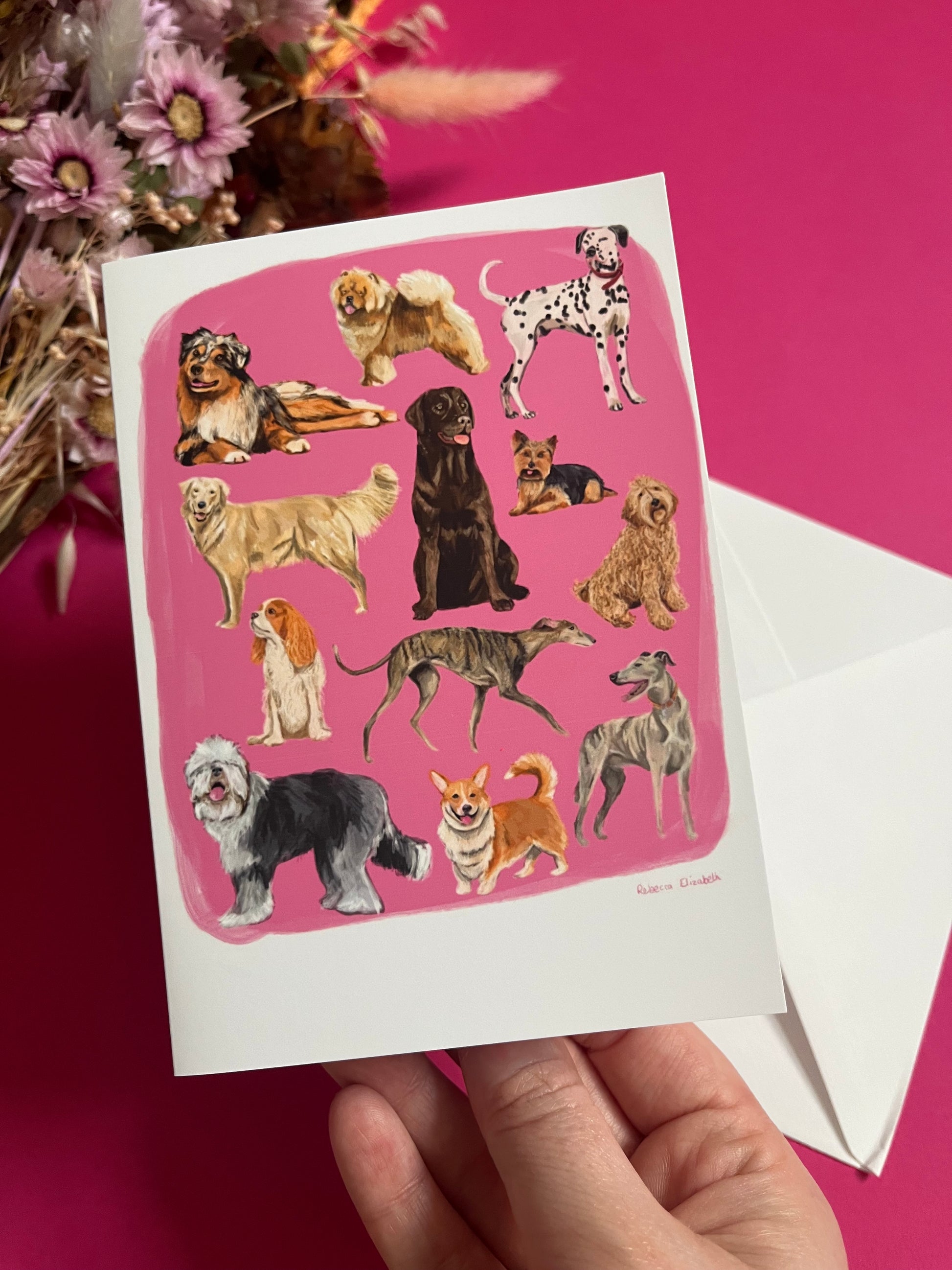 Hand drawn illustration of dogs, from whippets, lurchers, Labradors and Yorkshire terriers and much more. All drawn in a collection on a pink background with a dark green back and the Rebecca Elizabeth Draws logo. 