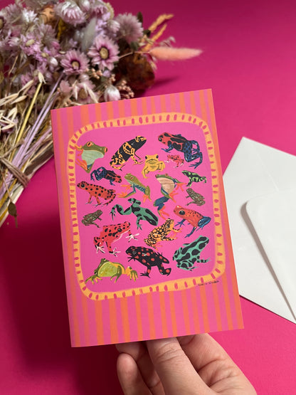 A collection of vibrant froggies to bring a pop of colour to your life. Hand painted rainforest frogs in gouache and edited digitally into a collaged design on a vibrant pink & red background. The back of the card has the Rebecca Elizabeth Draws logo