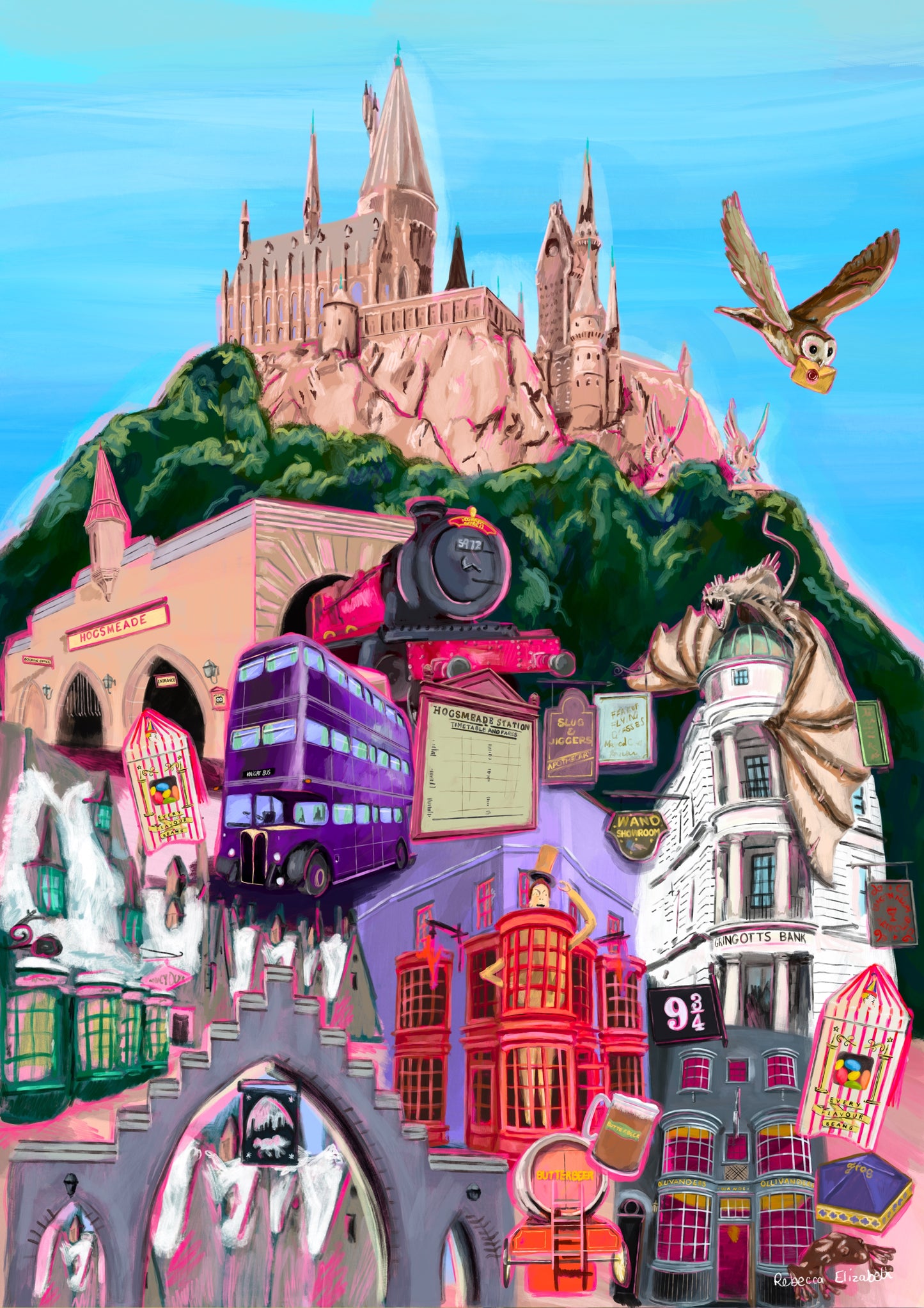 Illustration inspired by the Wizarding World of Harry Potter in Orlando Florida, with Hogwarts, hogsmeade, Hogwarts express, an owl, ollivanders, Gringotts, the knight bus & much more on a day background. This print is for all the potterheads designed by Rebecca Elizabeth draws.