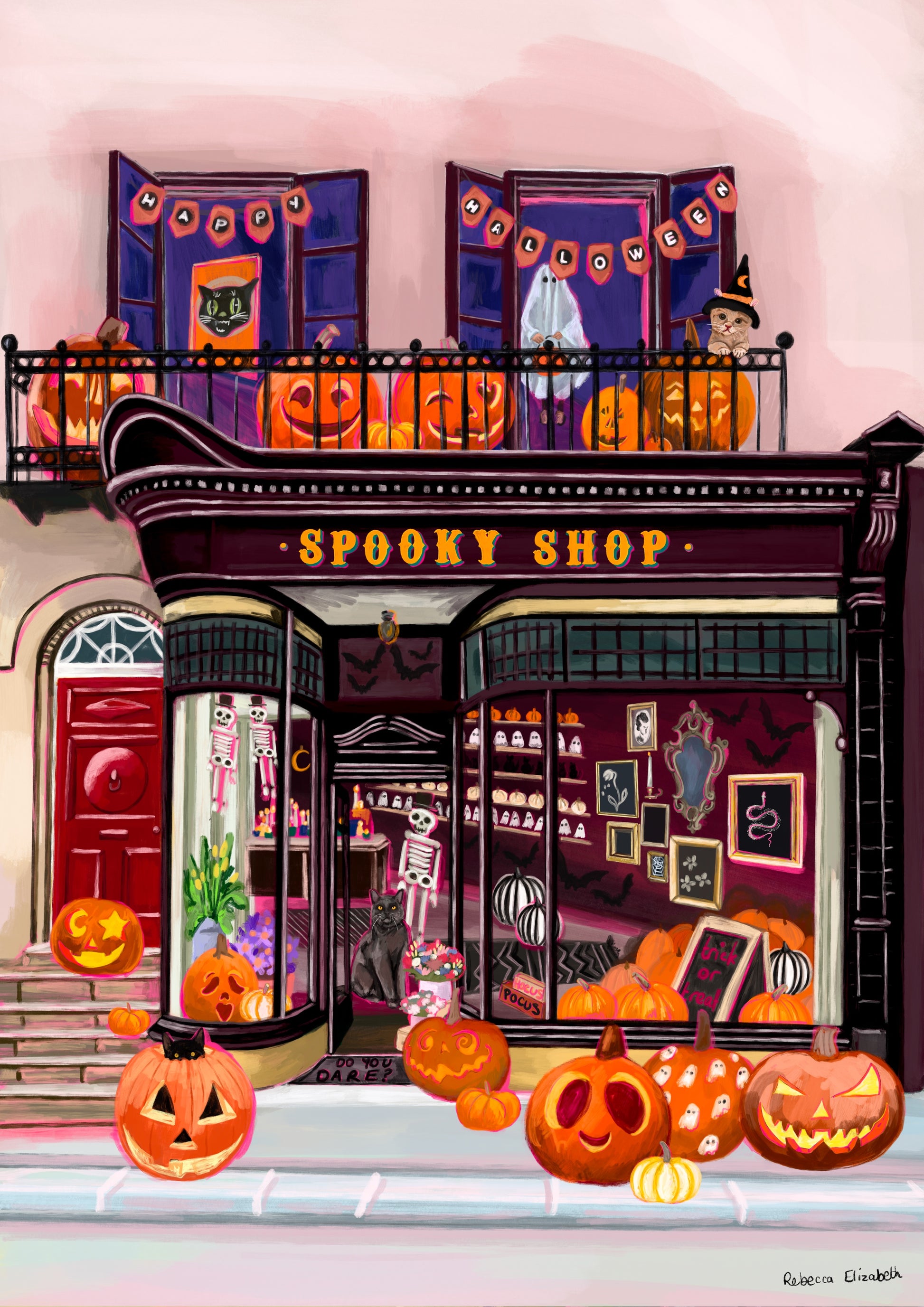 Illustration of a shop front in black with a antique design, inside features lots of spooky toys and pumpkins. On the balcony upstairs are more carved pumpkins, a happy Halloween sign and a kid dressed up as a ghost. A real autumnal spooky art piece.