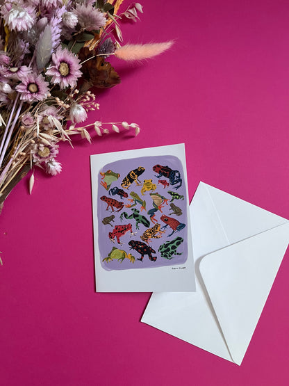 A collection of vibrant froggies to bring a pop of colour to your life. Hand painted rainforest frogs in gouache and edited digitally into a collaged design on a purple background with a pink back and the  Rebecca Elizabeth Draws logo.