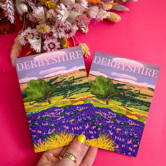 Two 'Derbyshire' postcards held against a pink background with flowers.
