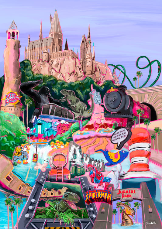 illustration of islands of adventure universal orlando florida.Hogwarts castle, hogsmeade, the cat in the hat dr seuss land, jurassic park, roller coasters, toon lagoon, king kong & marvel land. Designed in Rebecca Elizabeth draws colourful style.