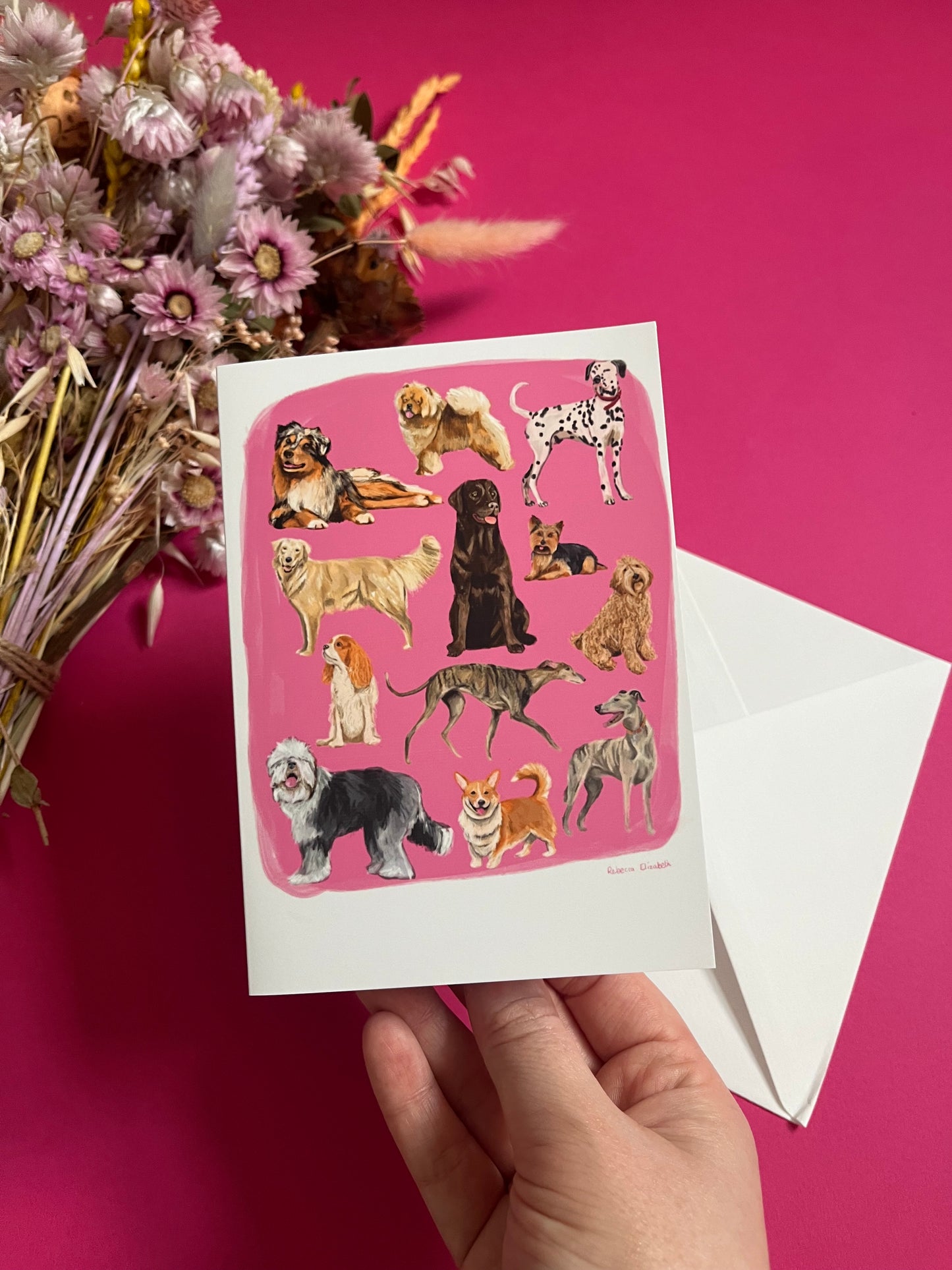 Hand drawn illustration of dogs, from whippets, lurchers, Labradors and Yorkshire terriers and much more. All drawn in a collection on a pink background with a dark green back and the Rebecca Elizabeth Draws logo. 