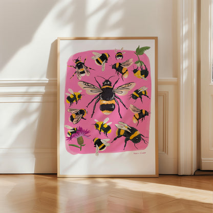 Hand painted bumble bee illustrations compiled together on a pink background, small bees big bees, bees with flowers. A big collection all illustrated by Rebecca Elizabeth Draws. 