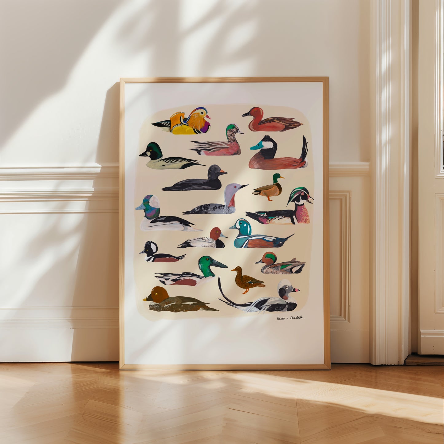 A collection of ducks and birds, hand painted lizards in gouache and edited digitally into a collaged design on a cream background and a small signature underneath.