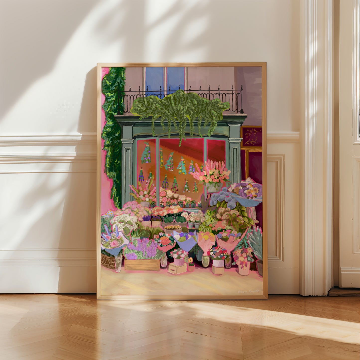 Illustration of a beautiful flower shop, the window shows the flowers drying inside and outside there are rows of bunches of flowers and pots of plants. This illustration is soft brown and pink with bright highlights throughout. 