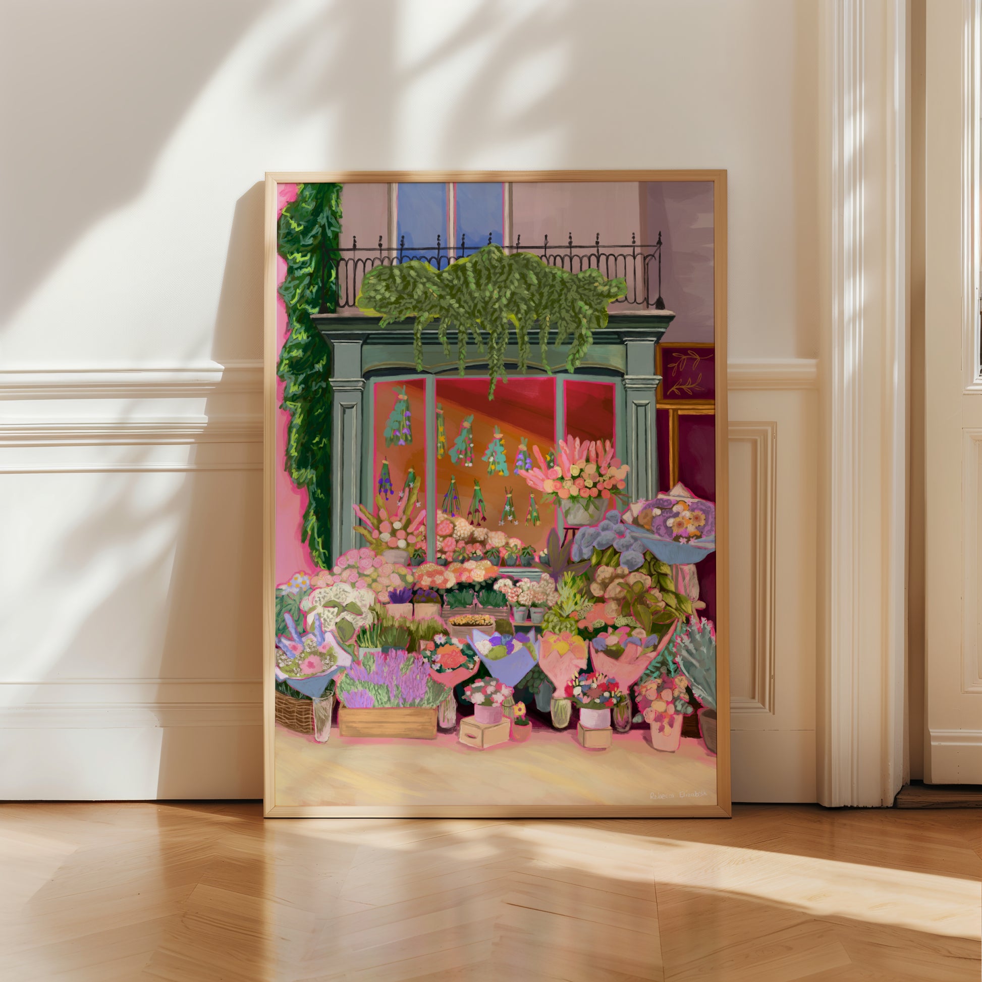 Illustration of a beautiful flower shop, the window shows the flowers drying inside and outside there are rows of bunches of flowers and pots of plants. This illustration is soft brown and pink with bright highlights throughout. 