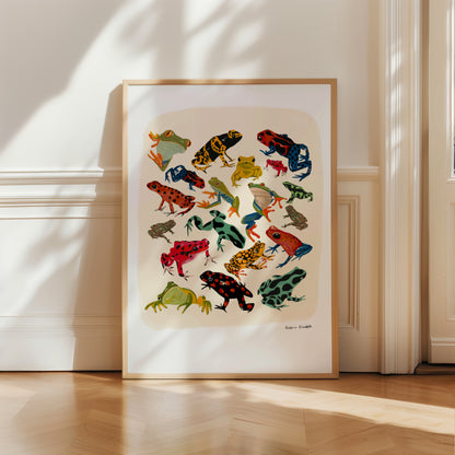 A collection of vibrant froggies to bring a pop of colour to your life. Hand painted rainforest frogs in gouache and edited digitally into a collaged design on a cream background and a small signature underneath. Designed by Rebecca Gibbs at Rebecca Elizabeth Draws.