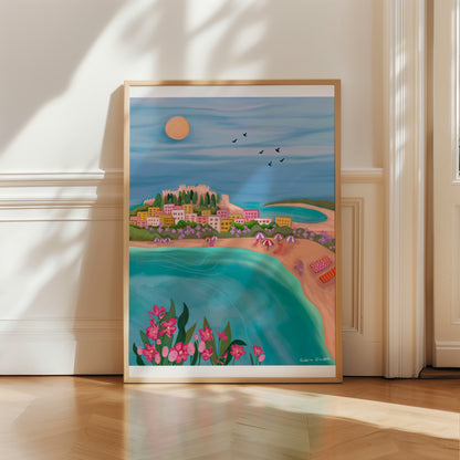 Illustration of Lindos, Greek island of Rhodes. Blue sea, flowers & the beach curving around. Buildings behind are yellow, cream & pink. The acropolis sits behind. St Pauls bay to the right, the water flows into the sky with the sun & bird silhouette. There is a small signature in white the corner.  Designed by Rebecca Gibbs at Rebecca Elizabeth Draws. 