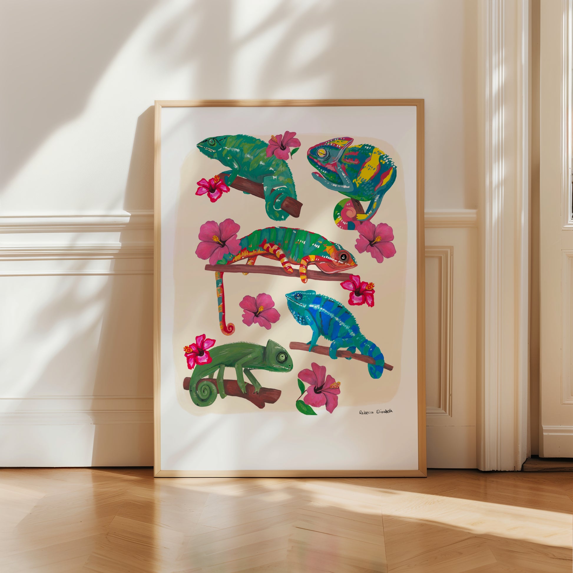 A collection of vibrant lizards to bring a pop of colour to your life. Hand painted lizards in gouache and edited digitally into a collaged design on a cream background and a small signature underneath.